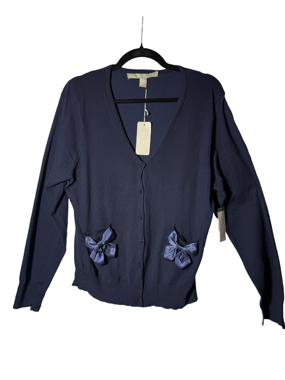 Ella Rose Navy V-Neck Cardigan with Pocket Bows